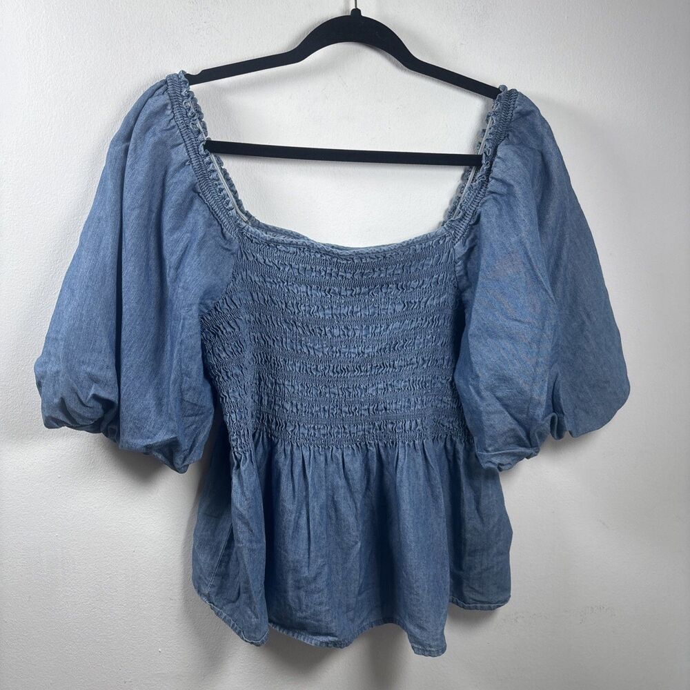 ANA New Approach Chambray Smocked Peplum Blouse LT Puff Sleeve Cottagecore - Picture 10 of 11